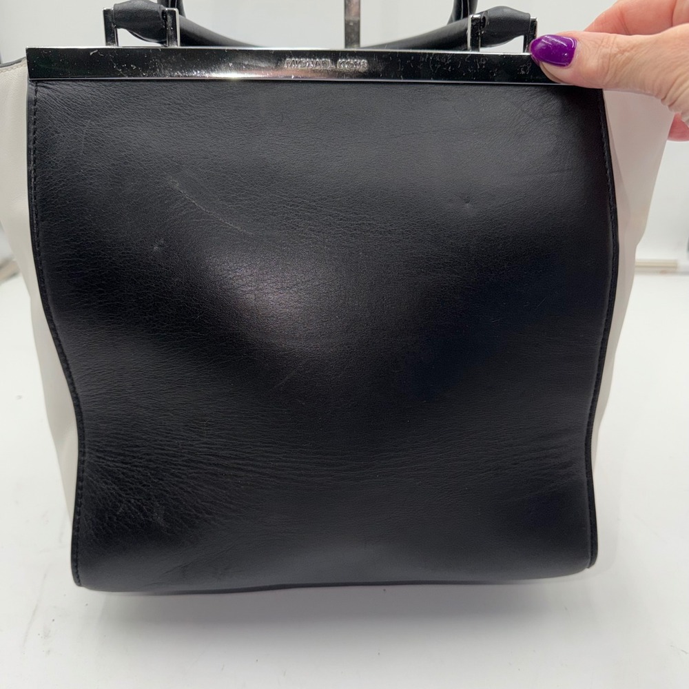 Michael Kors Black White Leather Frame Satchel Handbag Silver Tone Hardware - Picture 6 of 15